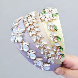 Fashion Fabric Alloy Glass Rhinestone Flower Headband for Women Wide Side Shiny Head Hair Accessories