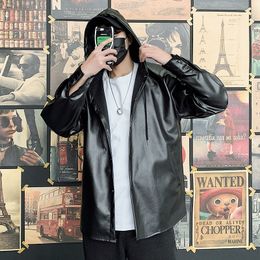 Men's Hooded Leather Solid Colour Baseball PU Motorcycle Jackets Faux Fur Coats Black Colour Loose Fashion Outerwear M-2XL 210524