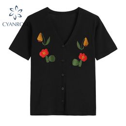 Women Single Breasted Floral Embroidery Knitted Blouse Summer Elegant Fashion V Neck Shirt All-match Chic Short Sleeve Tops 210417