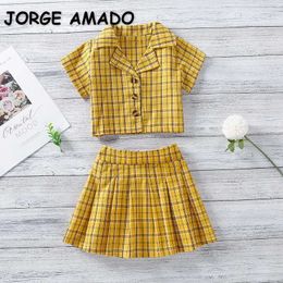 Summer Kids Girl 2-pcs Sets Yellow Plaid Short Shirts + Elastic Waist Skirt Cute Style Toddler Girls Outfits E262 210610