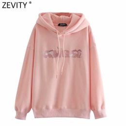 Zevity Women Sweet Letters Embroidery Pink Color Hooded Femme Basic Long Sleeve Casual Fleece Hoodies Chic Pullovers Tops H516 210603