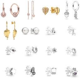 NEW 2021 100% 925 Sterling Silver Pearl Butterfly Crown Ear Studs Fit DIY Original Bracelet Fshion Jewelry Gift