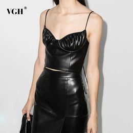 Sexy Slim Sling PU Vest For Women Square Collar Sleeveless Ruched Bandage Tassel Black Leather Vests Female Fashion 210531