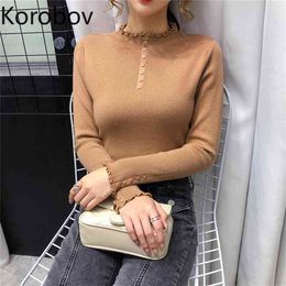 Korobov Vintage Solid Women Turtleneck Sweaters Korean Elegant Button Sueter Mujer New Long Sleeve Pullovers Jumper Femme 210430