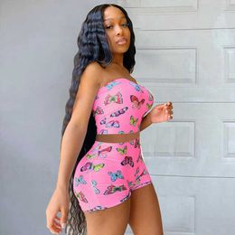 New Two Piece Set Women Plus Size Butterfly Print Skinny Set Sexy Crop Top + Jogger Tracksuit Outfits 2 Piece Matching Set Y0702