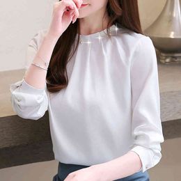 Fashion Woman Blouses Long Sleeve Women Shirts Beading White Chiffon Blouse Office Ladies Tops Womens Tops And Blouses B936 210426