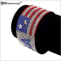 National Flag Day Shiny Stones Jewellery Nightclub Singer Usa Flag Hot Fix Rhinestone Men Bracelet Hip Hop Bangle Women Wristband Q0717