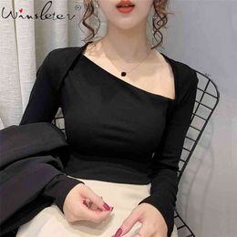 Cotton Bottoming Tshirt Women Skew Collar Long Sleeve Spring Female Tee Tops Korean Casual Fashion Solid Slim T Shirts T04120B 210421