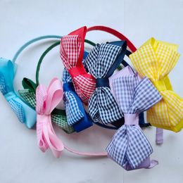 Girl Gingham Plaid Ribbon 4" Hair Bows Bowknot Fully Lined Covered Wrapped Plastic Hairbands Hoop Sticks students Hard Headbands Headwear FJ3149