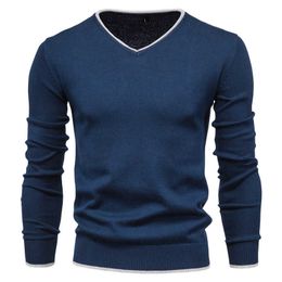 New Cotton Pullover V-neck Men's Sweater Fashion Solid Colour High Quality Winter Slim Sweaters Men Navy Knitwear Y0907