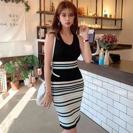Korean Women's Summer Style Slim Sexy V-Neck Long Striped Sling Split-Knit Dress Office Lady 210416