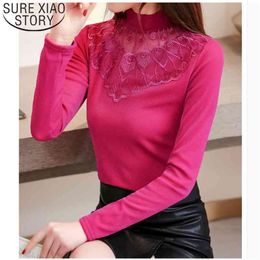 Plus Size Autumn Fashion Women Lace Blouses Casual Embroidery Ladies Shirt Long Sleeve Turtleneck Tops 6346 50 210506