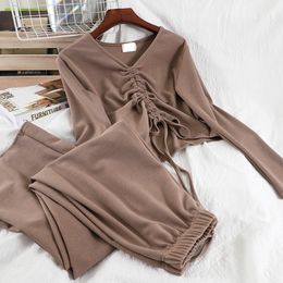 Korean casual fashion V-Neck two piece suit short drawstring top straight wide leg pants 2 sets womens outfits 210420