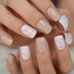 False Nails 24pcs Fake Nails Khaki Nude Marble Pattern Artificial False Nail Tips for Office Home Square Short Faux Ongle Free Glue Sticker 220225