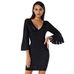 Ocstrade Sexy Deep V Neck Bandage Dress Women Three Quarter Sleeve Black Bodycon Club Night Party es 210527