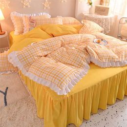 Small fresh bed skirt four-piece princess girl heart quilt cover three-piece set cover sheet bed cover bedding 211007