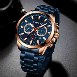 Stainless Steel Watch CRRJU Mens Fashion Watches Luxury Big Face Chronograph Date Quartz Wristwatch Relogio Masculino 210517