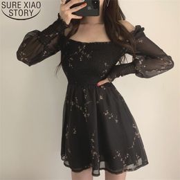 Summer Long Puff Sleeve Chiffon Dresses Sexy Black Women Vintgae Floral Print Korean Casual Mini Vestidos 13676 210506