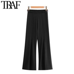 TRAF Women Fashion With Buckles Pleated Wide Leg Pants Vintage High Waist Back Zipper Female Ankle Trousers Mujer 210415