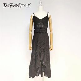 Vintage Black Dress For Women V Neck Sleeveless High Waist Hollow Out Irregular Midi Dresses Females Summer Stylish 210520