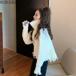 WERUERUYU Autumn Winter Women's Cardigan Korean Style The Retro Solid Colour high neck Knitted Cardigan Short Sweater Coats 210608