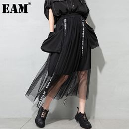 [EAM] High Elastic Waist Black Mesh Pocket Spliced Letter Casual Half-body Skirt Women Fashion Spring Autumn 1DD8128 21512