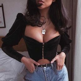 Sexy Deep V-neck Black Flannel Crop top Women Elegant Bubble Sleeve Skinny Bodycon Bandage Tees Tank Top Corset Clubwear 210527