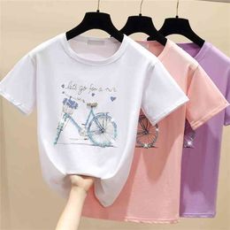 gkfnmt Beading Print Pink T Shirt Summer Short Sleeve Women Top White Tshirt Cotton Korean Style T-shirt Women Clothes 210406