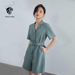 FANSILANEN Summer short sleeve casual jumpsuit romper Women belt green wide leg playsuit Female v neck elegant overalls 210607