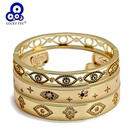 Lucky Eye Micro Pave Zircon Fatima Hand Turkish Evil Bangle Gold Color Copper Open for Women Girls Jewelry BE220 210918