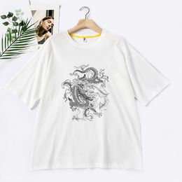 Dragon Print Cotton Women T-shirt Short Sleeve O-neck Plus Size 2XL Loose Casual Female Tshirts Summer Fashion Ladies Tops 210518