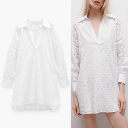 ZA Openwork Embroidered Shirt Dress Women Long Sleeve White Elegant Party Dresses Woman Chic Interior Lining Spring Dress 210602