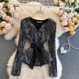 Spring Autumn Blouse Fashion Tops Women's Temperament V-neck Tie Slim Waist All-match Sequined Shirts Female C027 210507