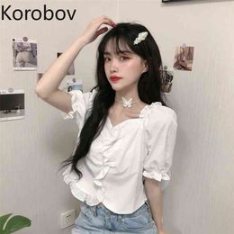 Korobov Vintage Puff Sleeve Shirts Korean Chic Ruffles Solid Elegant Blusas Mujer Office Lady Chiffon Crop Women Blouses 210430