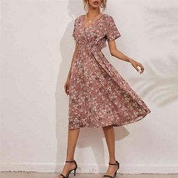 Pink Floral Long Dress Women Summer Midi Fit and Flare Maxi Sundress Elegant Beach Vestidos De Mujer Outfit 210427