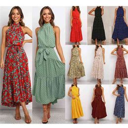 Summer Elegant Sexy Beach Long Dress Women Fashion Print Flowers Polka-dot Strap Ladies Halter Boho Vestidos 210517