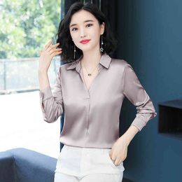 Silk Women Shirt Female Vintage Feminine Blusa Korean Long Sleeve Loose Plus Size 3XL Solid V-neck silk top 779A 210420