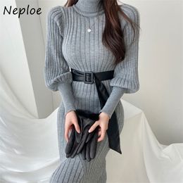 Chic Elegant Turtleneck Puff Sleeve Sweater Women Dresses Slim Fit Trumpet Knitted Dress Mid-length Vestidos with Belt 210422