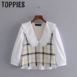 Toppies New Spliced Plaid Blouse Women Sweet Tassel Blouses Tops Turn-down Collar Blouse 210412