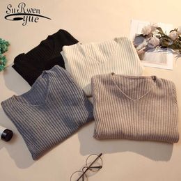 V-neck Cotton Sweater Women Autumn Slim Long Sleeve Korean Sweater All-match Loose Office Lady Bottoming Pullover 10646 210527