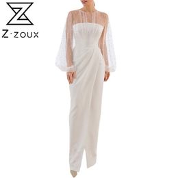 Women Dress Mesh Patchwork Perspective Lantern Sleeve Prom es Plus Size White Long Summer Fashion 210513