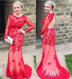 Sleeves Red Long Evening Dresses 2021 Lace Applique Sweep Train Mermaid Sexy Hollow Back Scoop Neck Illusion Custom Made Prom Party Gown Vestido