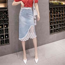 Lace Patchwork Denim Skirt Women Girls Empire High Waist Mesh Jeans Holes Knee-Length No Stretch A-line B95292 210421