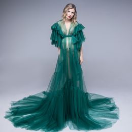 Emerald Green Unique Evening Dresses Sexy See Through Ruffles Tulle Lace Pregnant Women Cape Dress High Side Split Maternity Formal Prom Party Gowns Fashion