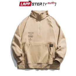 LAPPSTER-Youth Men Fleece Pocket Harajuku Hoodies Mens Oversized Streetwear Sweatshirts Korean Hoodie Hip Hop Black Clothes 220114