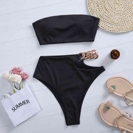 Solid Black Bikini High Waist Swimwear Female Chain Swimsuit Women Bandeau Two Pieces Set Sports Bathing Suit Ribbed 210520