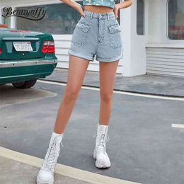 Flap Pocket Rolled Hem Denim Shorts Women Summer Casual Short Femme High Waist Straight Leg Jean 210510