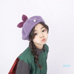 2020 New Cute Kids Cat Ear Woolen Beret Hat Solid Autumn Hat Winter Cap Spring Outdoor Beret Hat Rabbit Beret Cap LJ201212