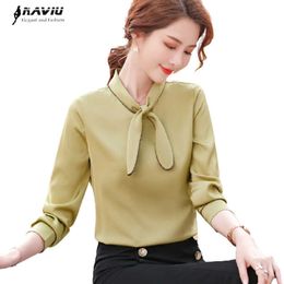 Fruit Green Shirt Women Long Sleeve Spring Acetate Satin Fashion Temperament Bow Blouses Office Ladies Casual Work Tops 210604