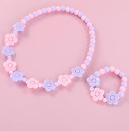 Toddler Play Jewelry Beaded Necklace Bracelet for Little Girls Dress up Pretend Princess Flower Accessories Pink Blue